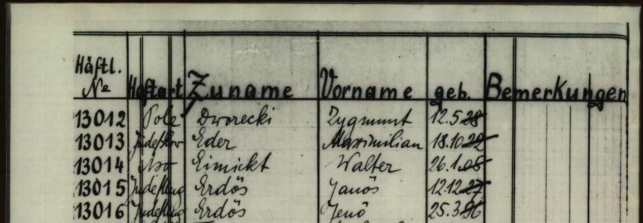 Same list of names from Ravensbrück, with prisoner number 13015 János Erdős (Arolsen Archives. ITS)